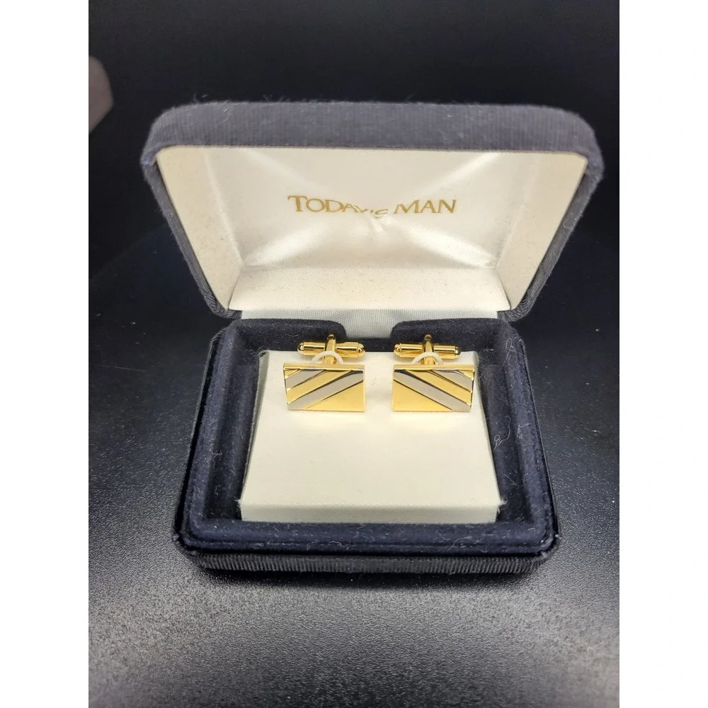 Today's Man Cufflinks Two-Tone Rectangular Diagonal Stripe Boxed Excellent